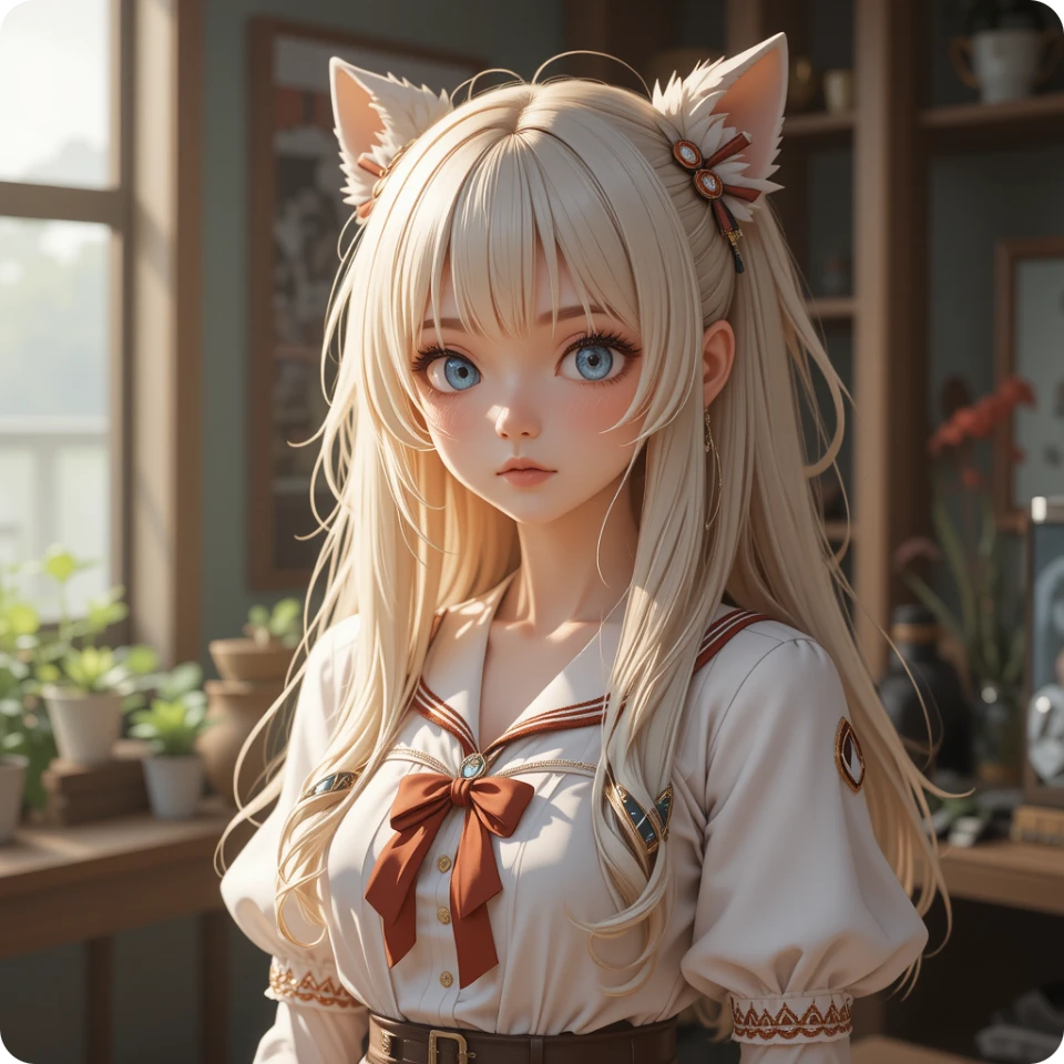 un personnage d’anime aux cheveux dorés avec des oreilles de chat créé par le générateur de personnages IA PicLumen