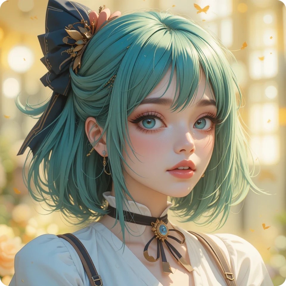 une fille d’anime aux cheveux verts avec de magnifiques boucles d’oreilles et un collier