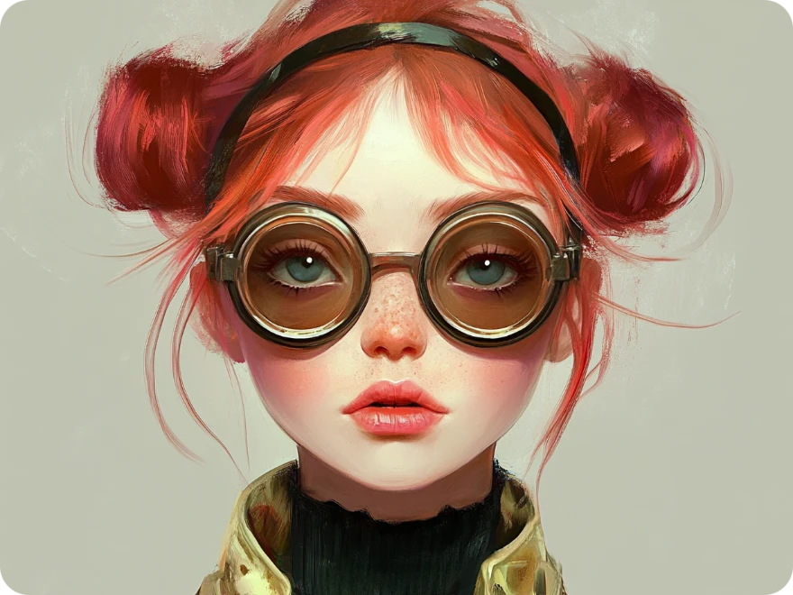 un personnage de fille rousse portant des lunettes généré par le créateur de personnages IA PicLumen