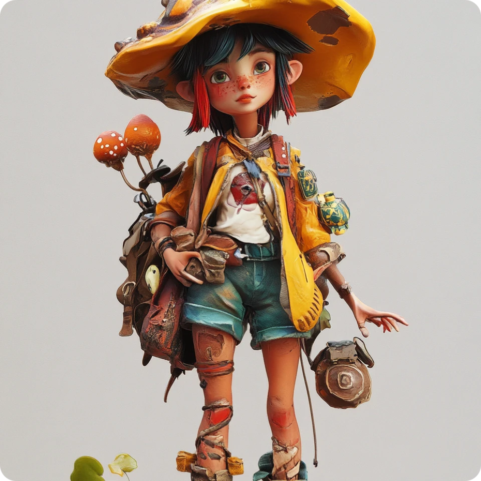 jeune fille colorée générée par IA portant un chapeau champignon