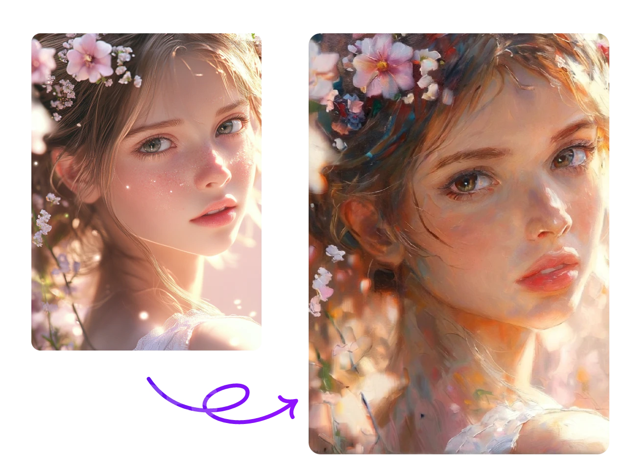comparaison avant/après transformant la photo d’une belle fille avec des fleurs dans les cheveux en style peinture à l’huile