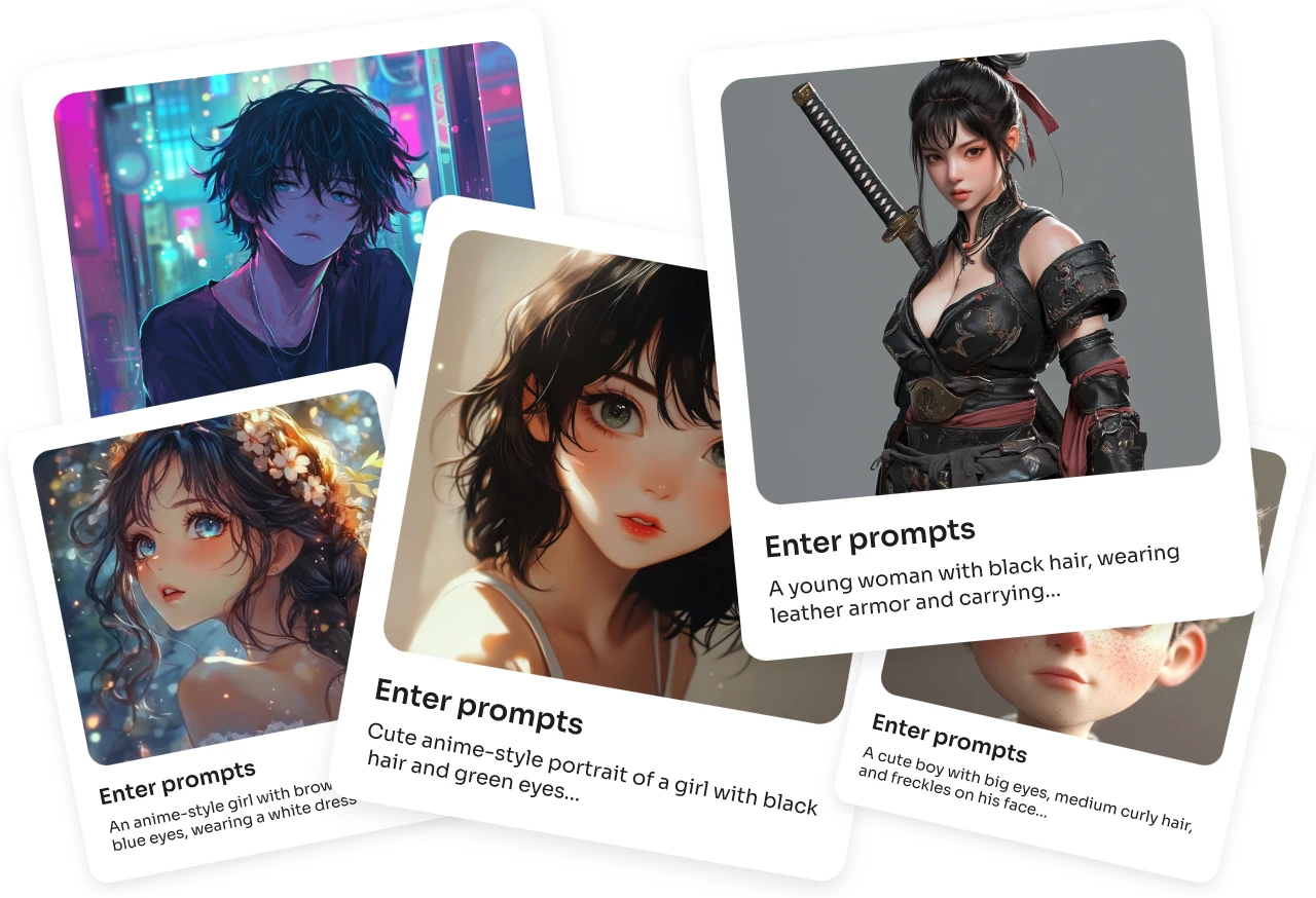 cinq personnages IA différents issus de cinq prompts texte