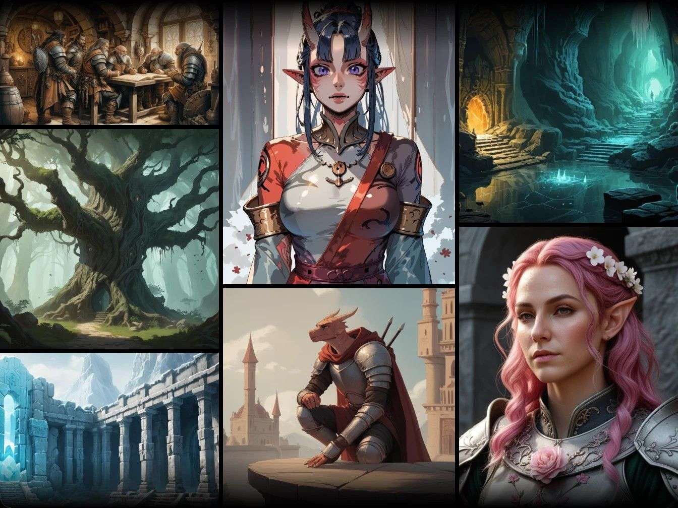 sept images DnD générées par IA, des paysages aux personnages