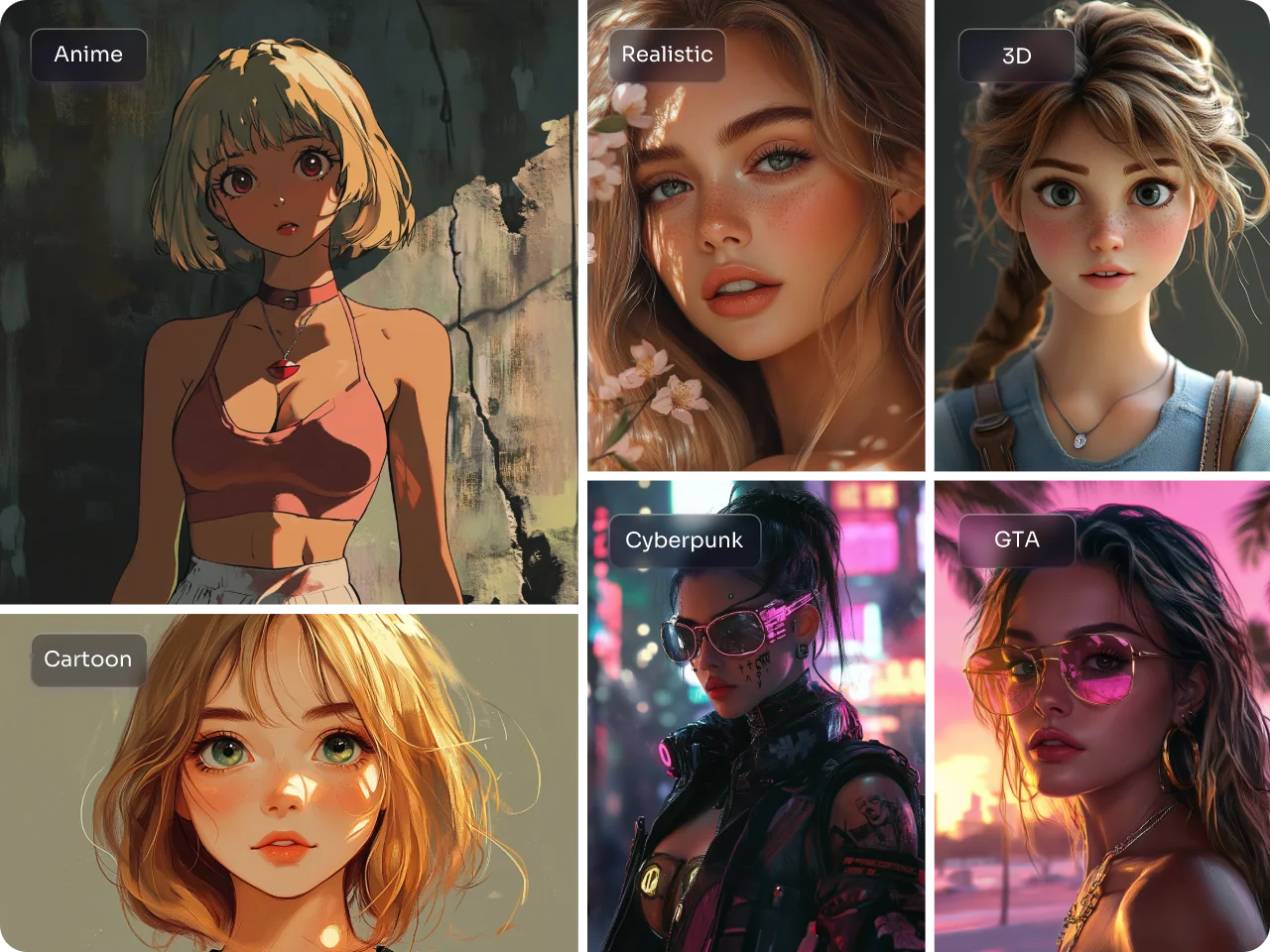 personnages IA créés avec le générateur de personnages IA PicLumen en styles anime, réaliste, 3D, cartoon, cyberpunk et GTA