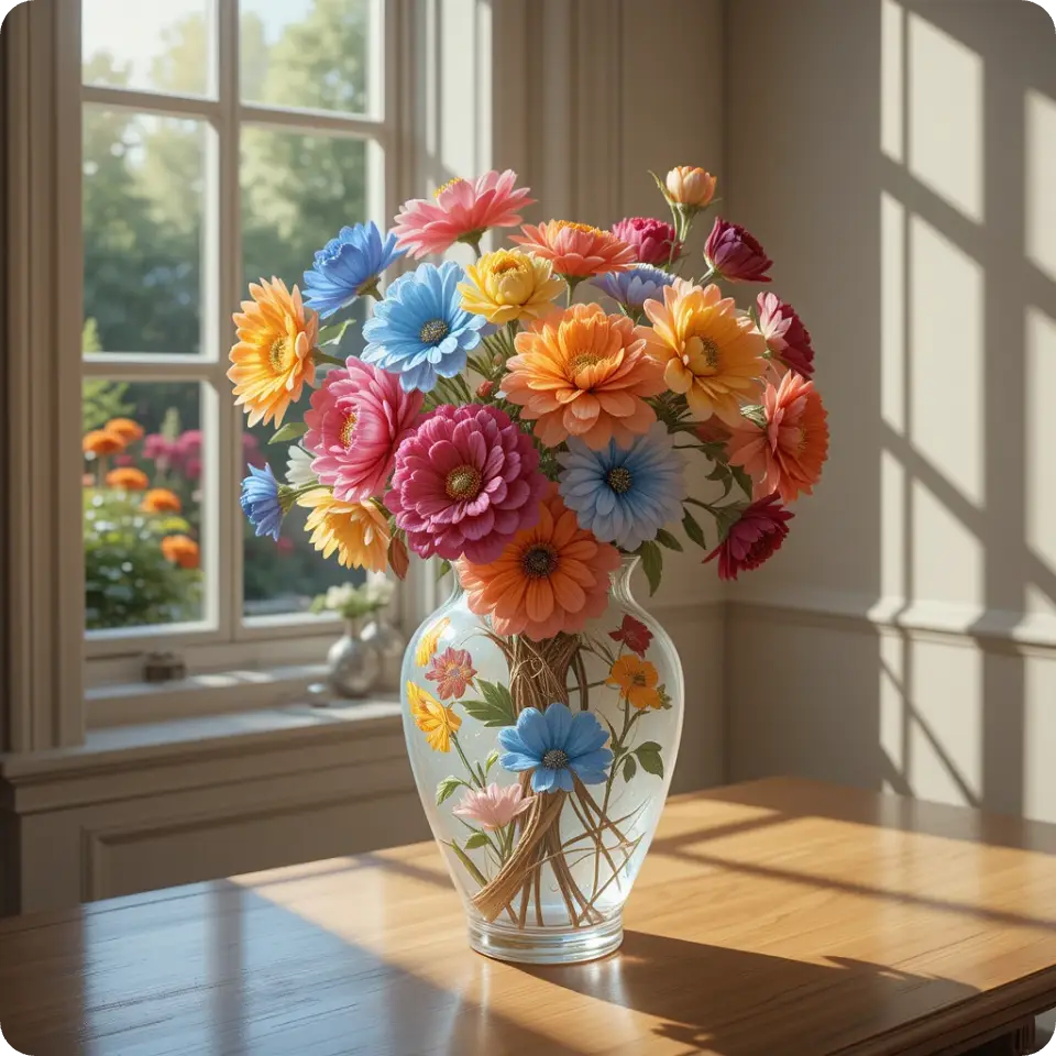 ai generated vase with colorful roses on the table next to the window image from PicLumen