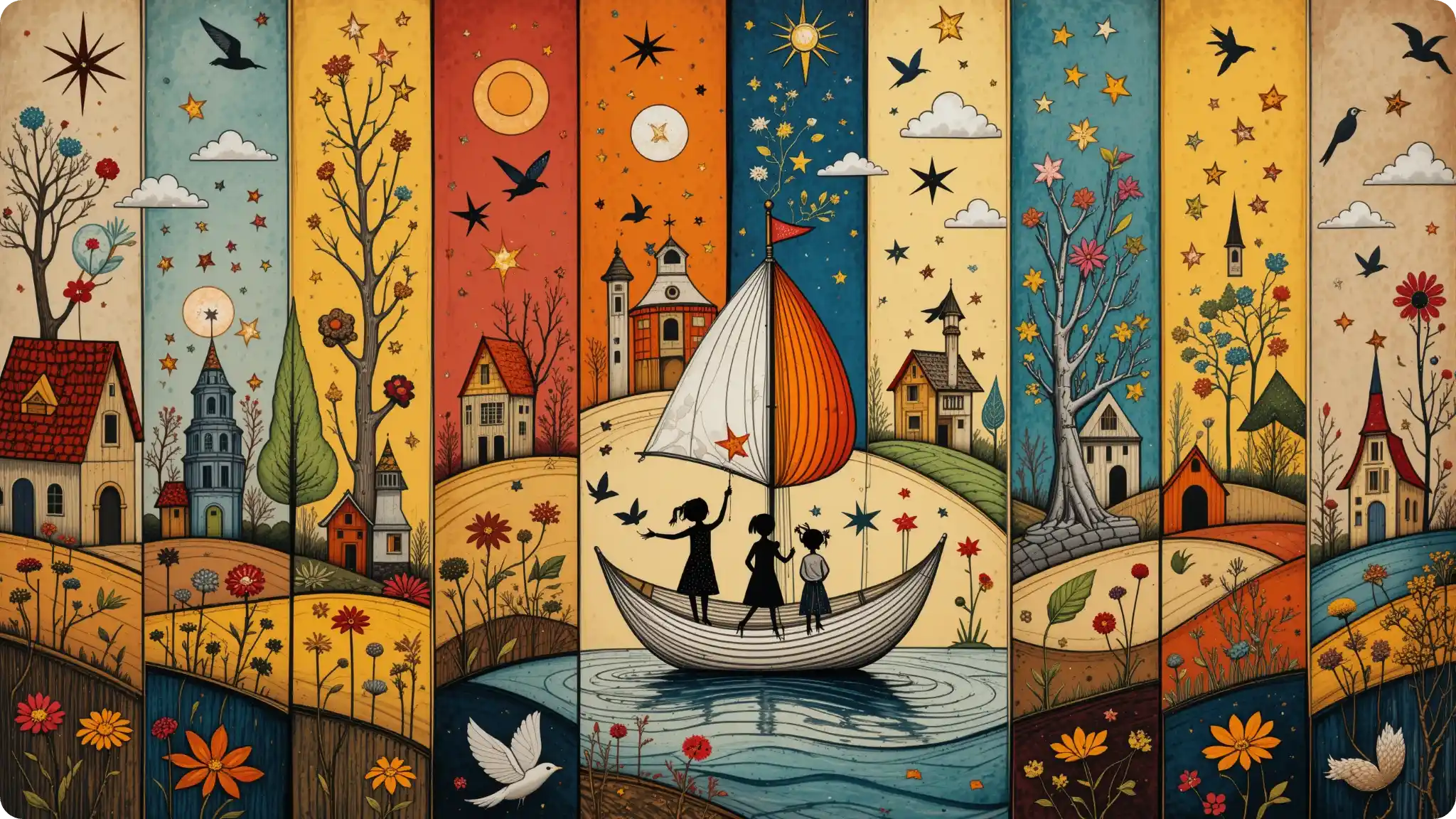 hand-painted style illustration for an adventure of three friends on a boat 