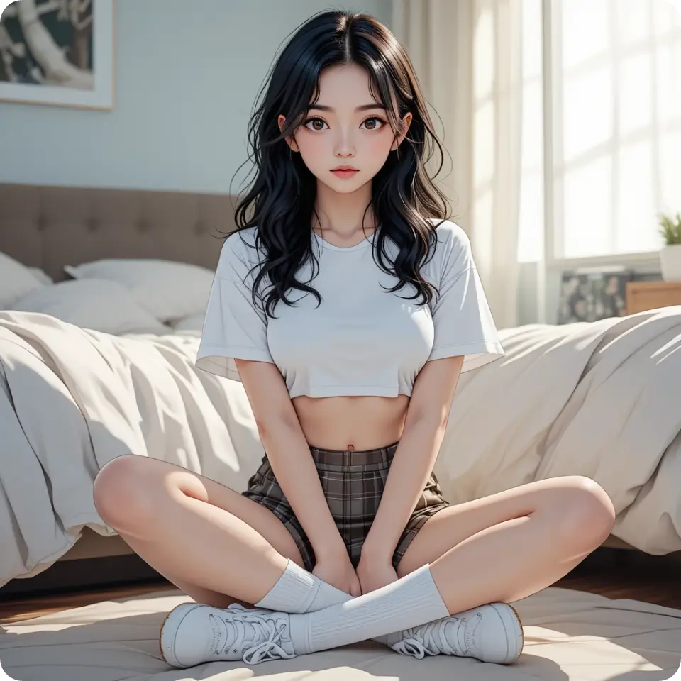 image of an anime girl sitting on the floor in an indoor setting generated by text-to-image ai