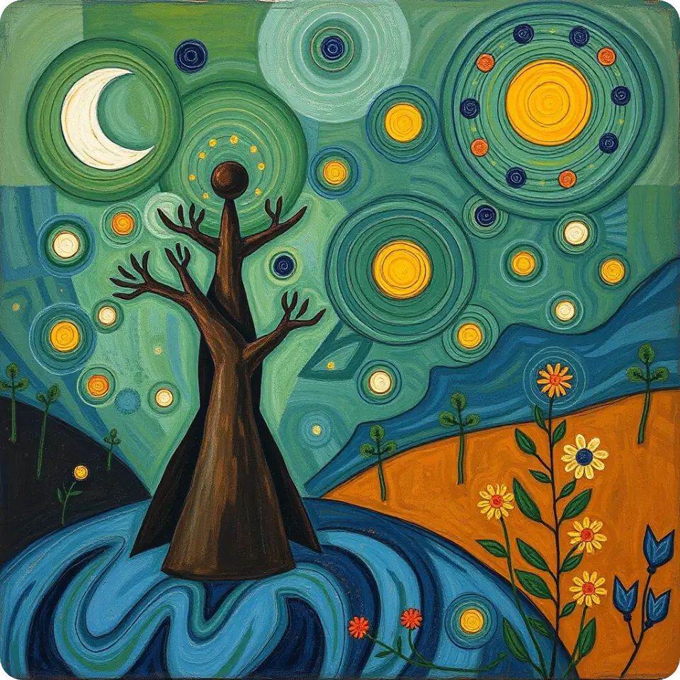 spiral-style illustration of a tree with abstract lines
