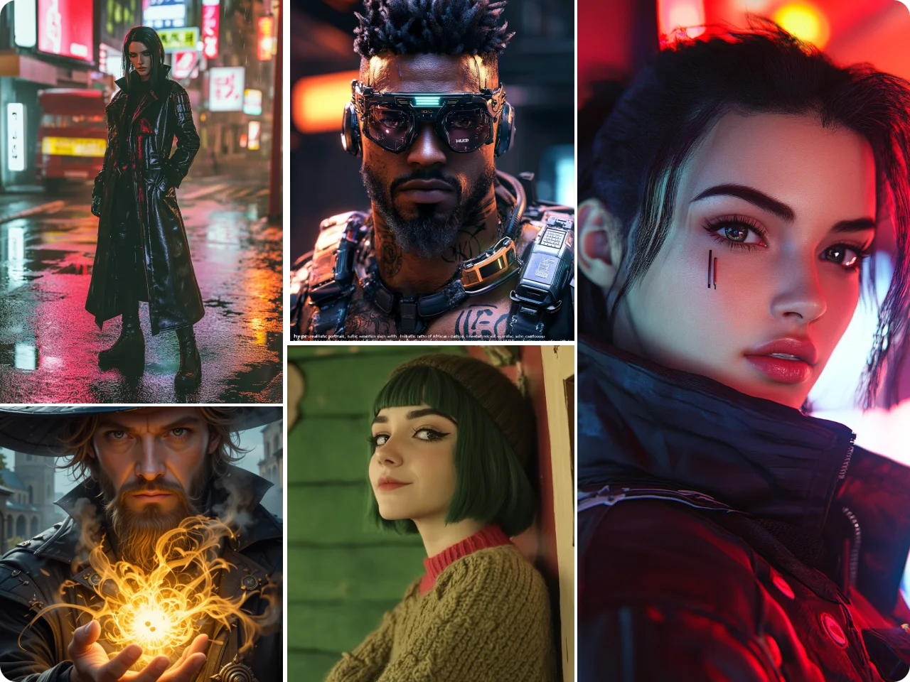 5 ritratti umani in stile cyberpunk, sci‑fi, realistico, fantasy e fashion, generati dal generatore di umani AI di PicLumen