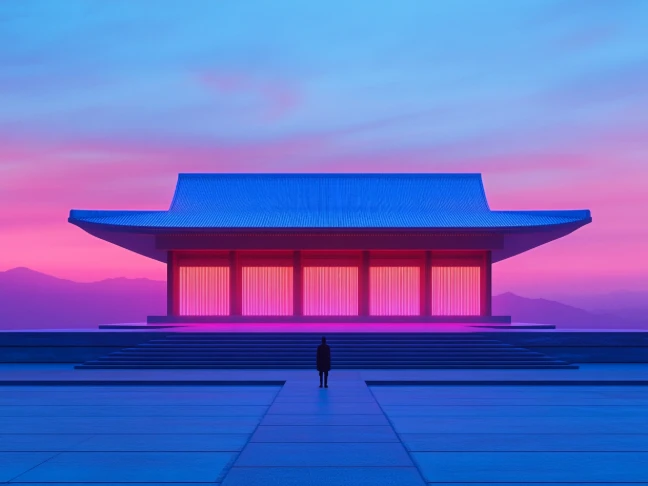 edificio all’alba in stile minimalista creato con il generatore di arte AI di PicLumen