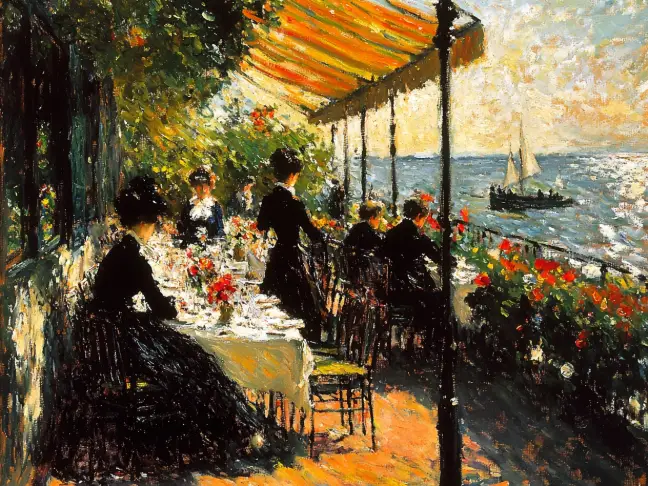 immagine di un gruppo di persone che fanno il tè del pomeriggio sul lago in stile impressionista creata con il generatore di arte AI di PicLumen