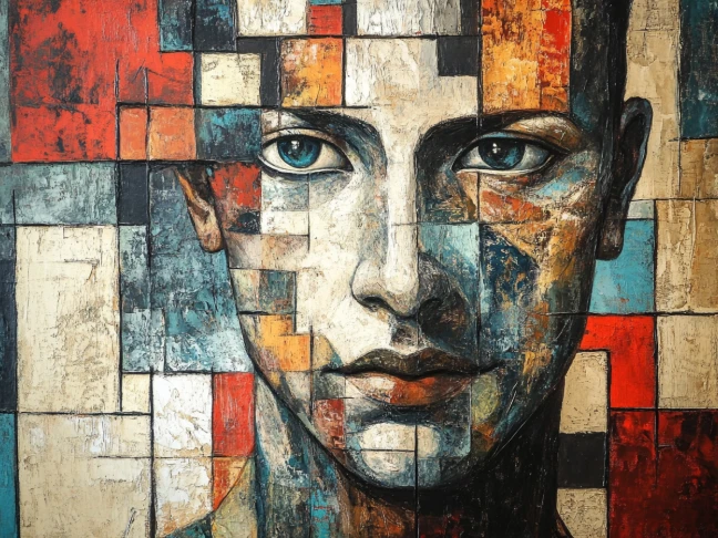 arte murale astratta con volto maschile creata con il generatore di arte AI di PicLumen