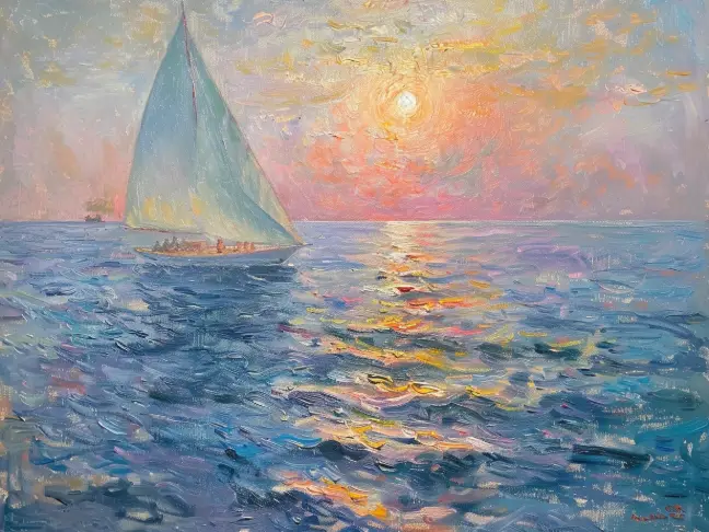immagine di una barca al tramonto in mare in stile impressionista creata con il generatore di arte AI di PicLumen