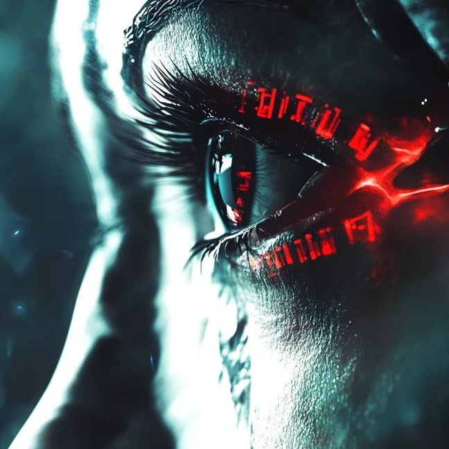 immagine ravvicinata di un occhio in stile cyberpunk creata con il generatore di arte AI di PicLumen