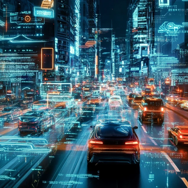 veduta notturna di città cyber in immagine creata con il generatore di arte AI di PicLumen