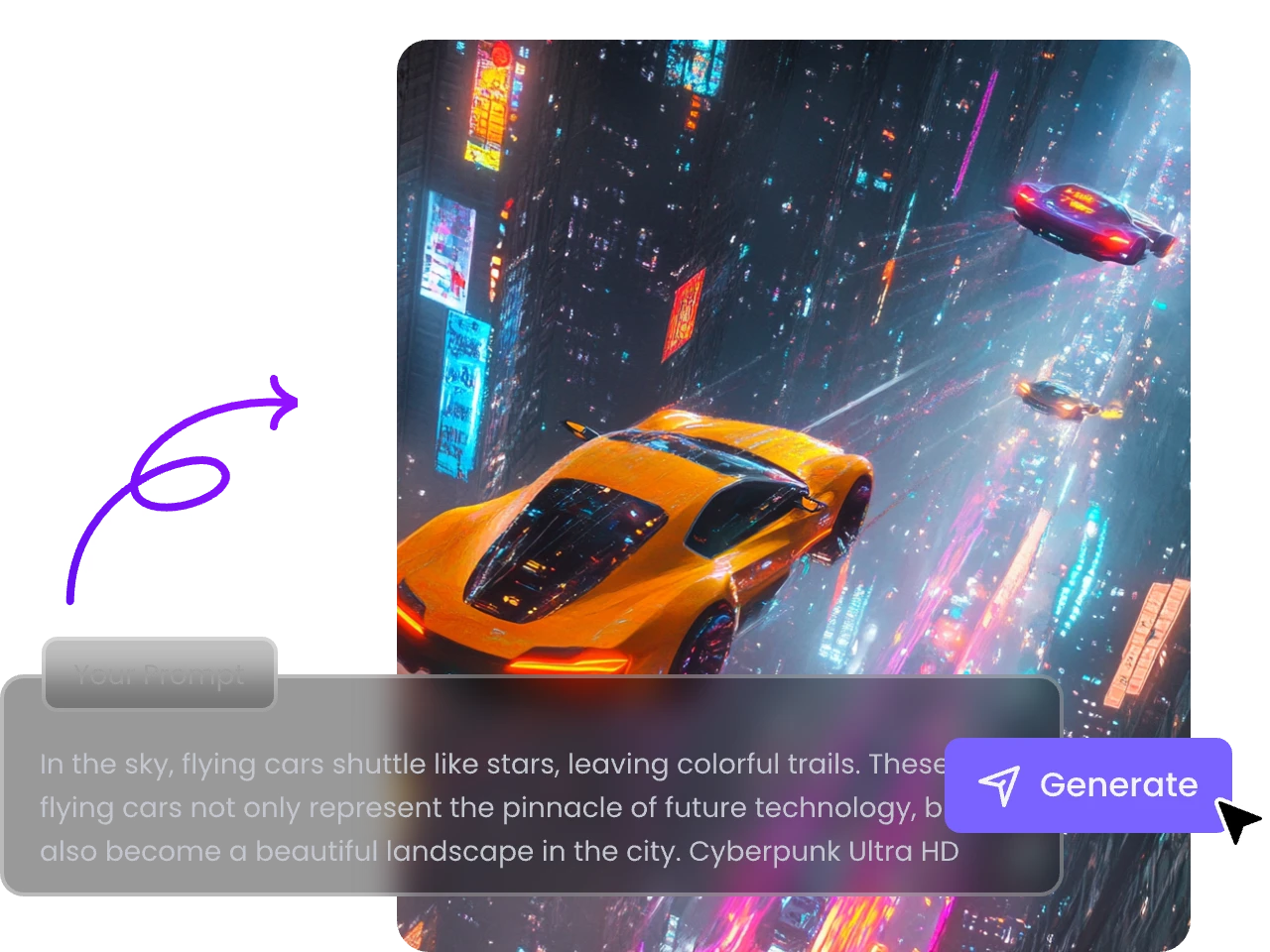 auto volanti in aria in stile cyberpunk generate da testo nel generatore di arte AI