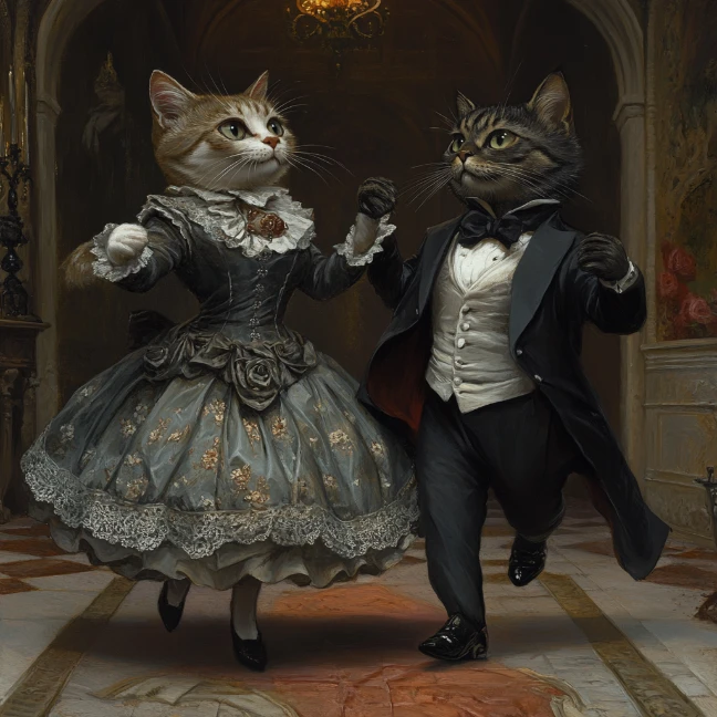 immagine irrealistica di due gatti che danzano creata con il generatore di arte AI di PicLumen
