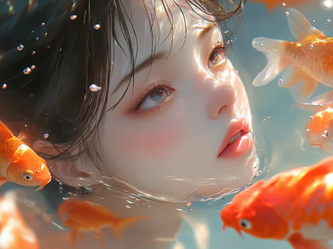 PicLumenのAIアートジェネレーターで作られた、魚に囲まれた非現実的な女性の顔
