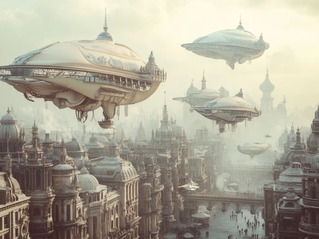 immagine irrealistica di barche sopra la città creata con il generatore di arte AI di PicLumen