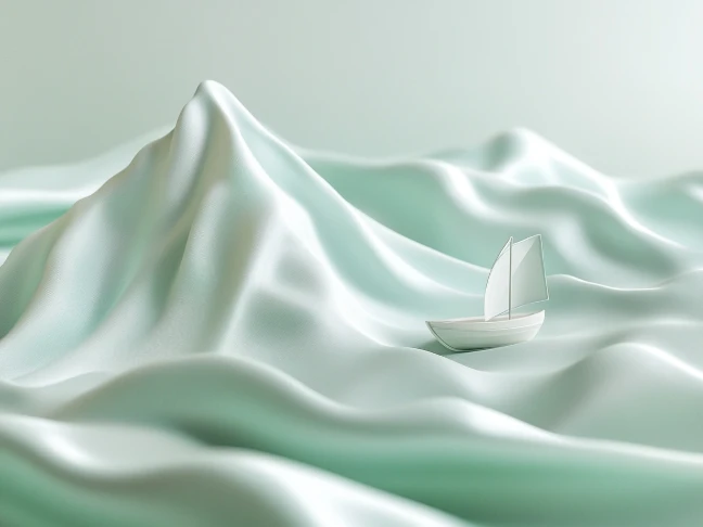 immagine minimalista di barca e montagne con superficie color giada creata con il generatore di arte AI di PicLumen