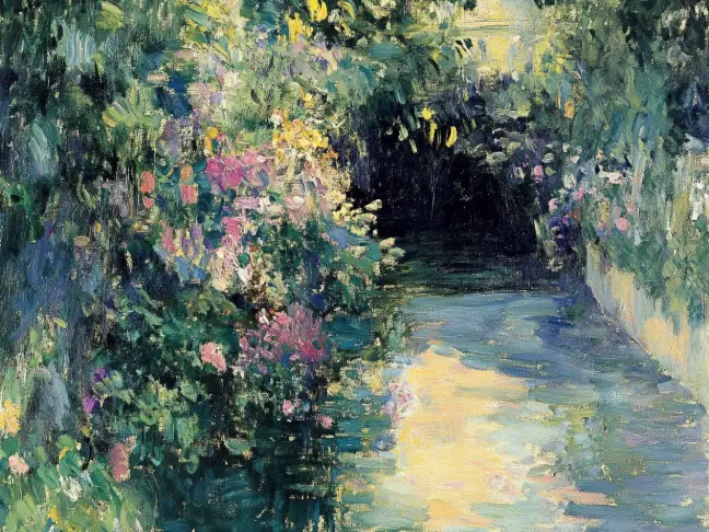 immagine di una strada piena di fiori in stile impressionista creata con il generatore di arte AI di PicLumen
