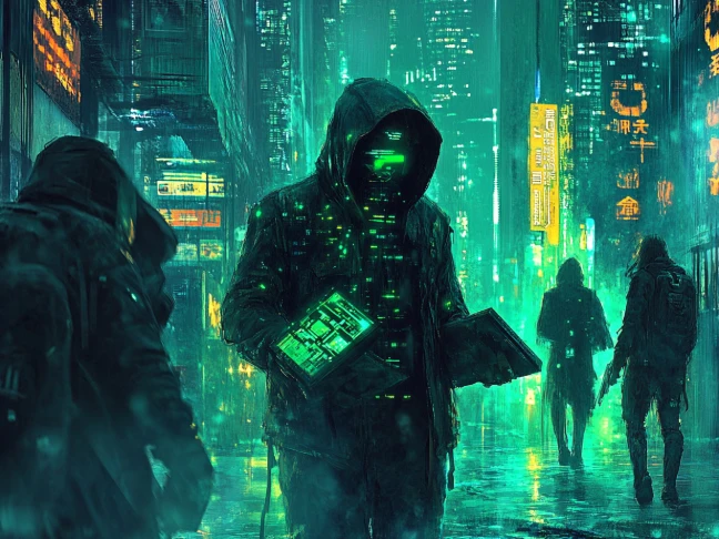 silhouette di un gruppo di persone in stile cyberpunk creata con il generatore di arte AI di PicLumen
