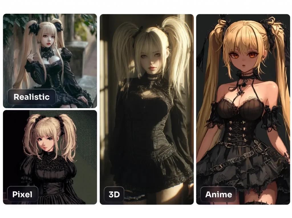 4 imágenes de chicas IA con coletas gemelas en estilos realista, píxel 3D y anime creadas por el generador de chicas IA de PicLumen