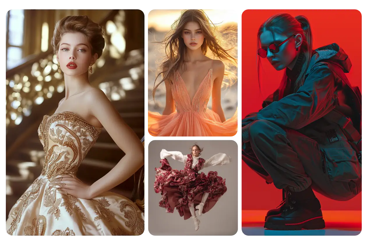 4 modelos femeninas con ropa de moda y poses dinámicas