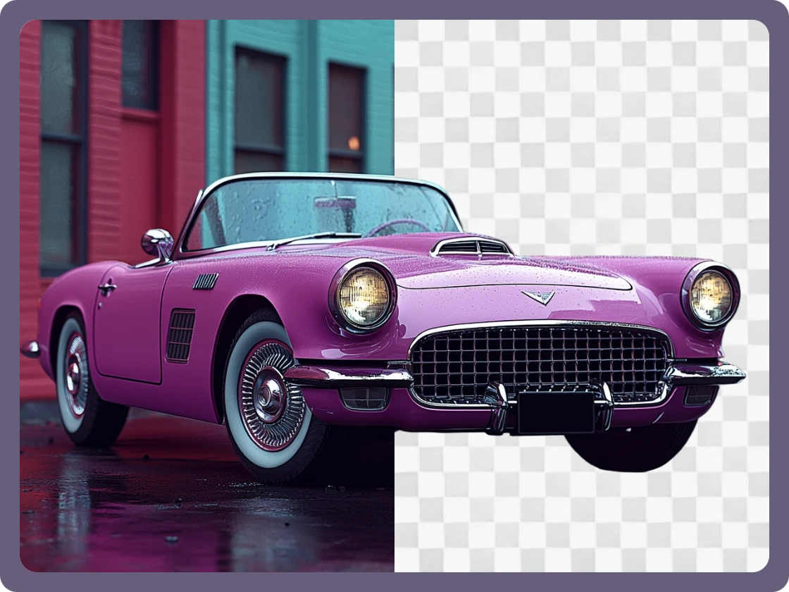un coche clásico morado con y sin fondo para la portada del eliminador de fondo