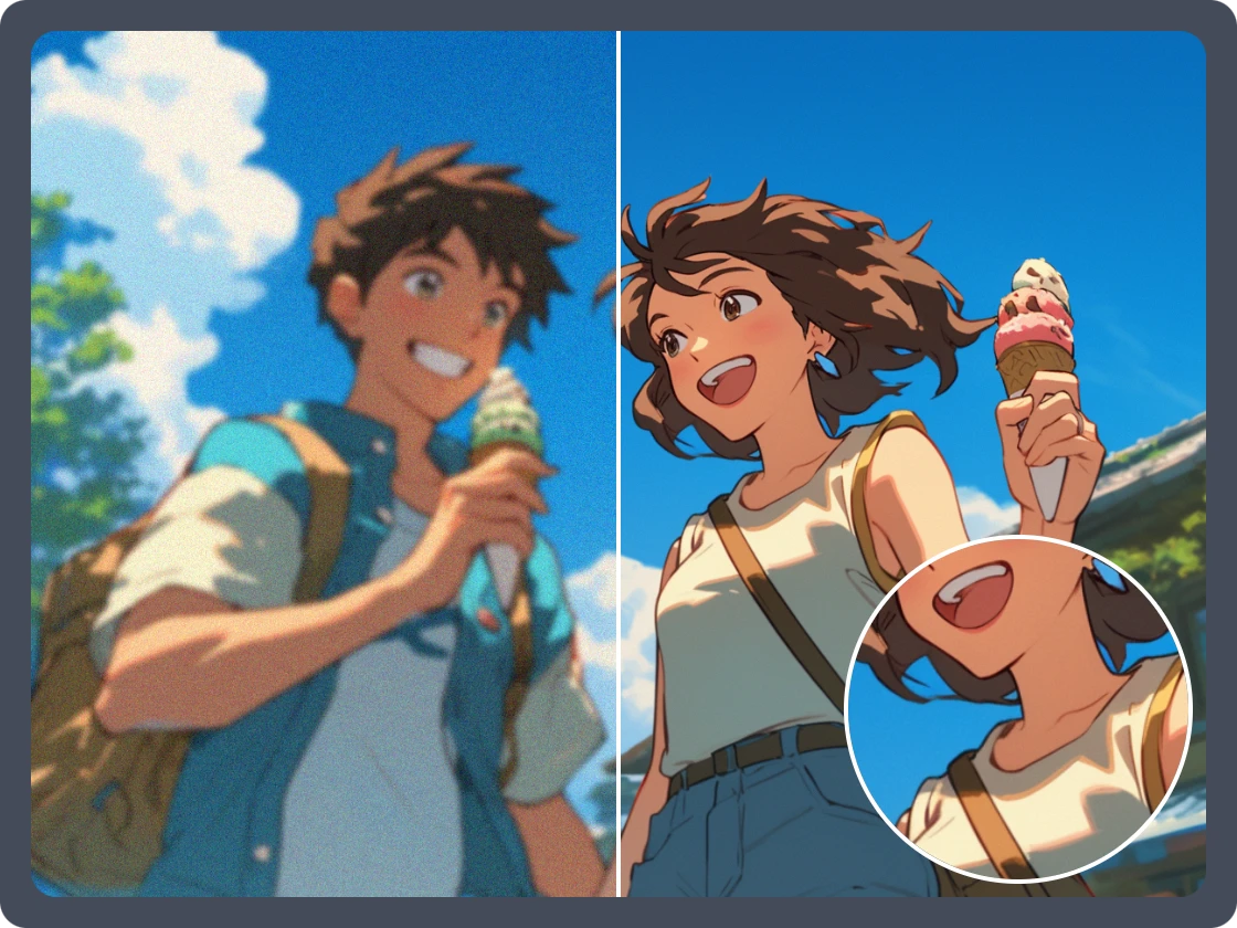 efecto comparativo de escalar una imagen de anime de un chico y una chica