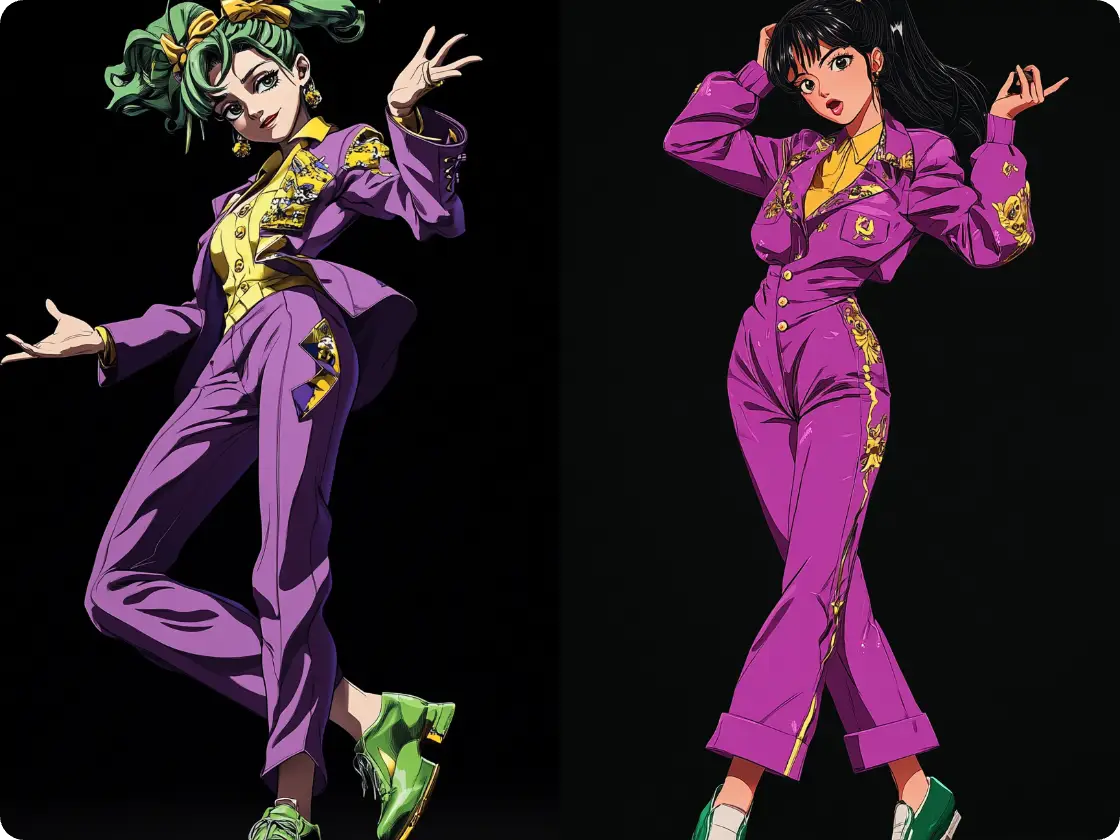 usando el generador de poses se crearon dos personajes femeninos de animación en diferentes estilos