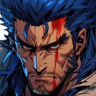 青い髪と顔に血のついたクールな兵士アニメキャラクター