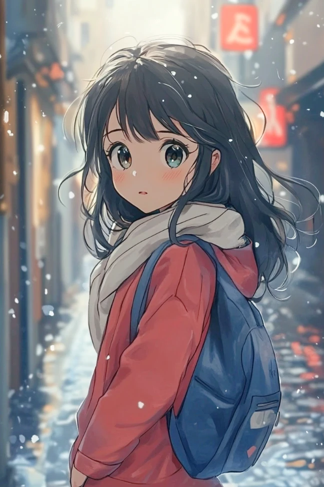 雪の降る街角に立つ、ランドセルを背負ったかわいいアニメ少女