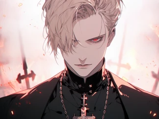 PicLumenのAIアニメキャラクタージェネレーターで作られた、赤い瞳と黒いスーツのイケメンアニメ男性
