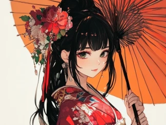 赤い傘を持った和風アニメスタイルの女の子