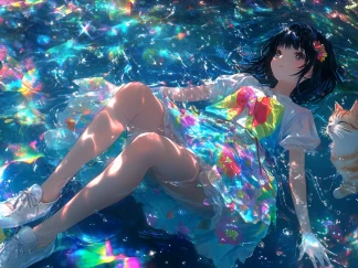 PicLumenのAIアニメキャラクタージェネレーターで作られた、猫と一緒の夢幻的なファンタジーアニメ少女