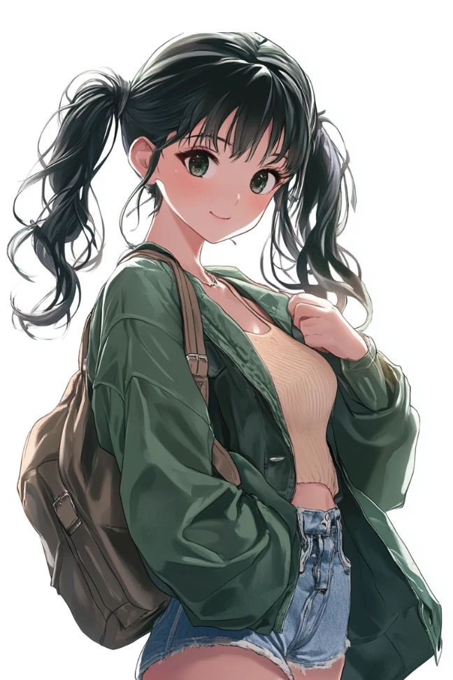 三つ編みとバッグを持ったアニメスタイルの女の子
