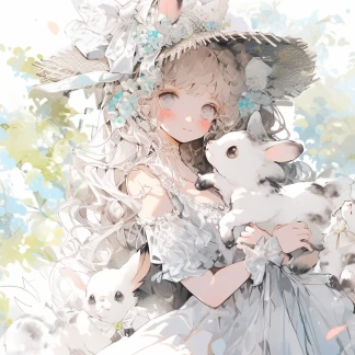 花の帽子をかぶり、かわいいウサギを抱えた幼い女の子のアニメスタイルイラスト