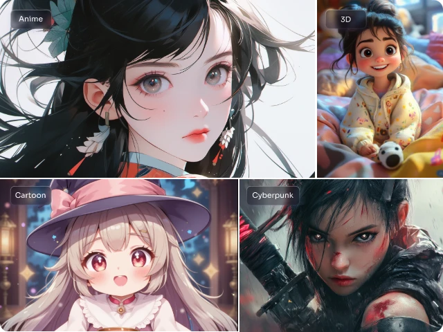 PicLumenのAIアニメキャラクタージェネレーターで作られた、3Dカートゥーンとサイバーパンク風の4人のアニメ少女