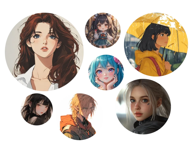 AIアニメキャラクターメーカーで生成された、7種類の華やかなアニメキャラ風アバター