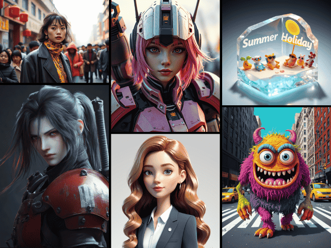 PicLumenの3Dキャラクタークリエイターで生成された、さまざまなスタイルの3Dキャラクター6体