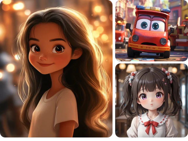 PicLumenのAIアニメキャラクタージェネレーターで作られた、女の子2人と車のキュートな3Dアニメキャラクター3体