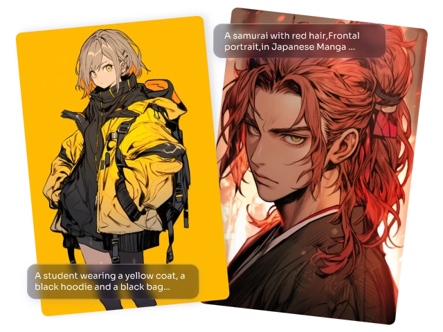 PicLumenのAIアニメキャラクタージェネレーターで、2つの詳細なプロンプトから生成された2人のファンタジーアニメキャラクター