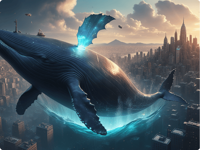 illustrazione di balene che volano sopra la città generata dal generatore di immagini ai