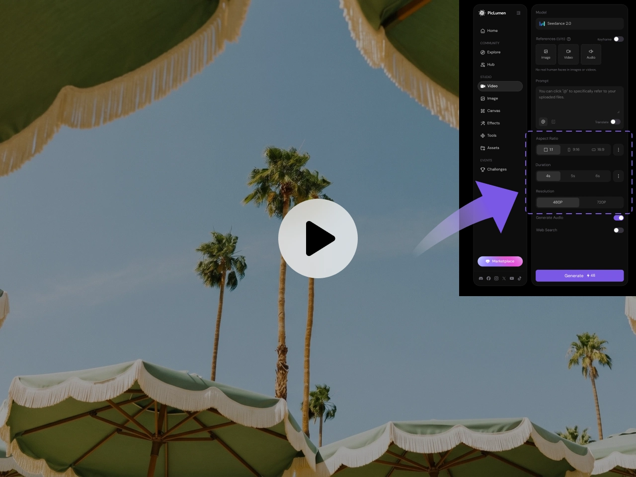a video of palm trees and umbrellas next to a software settings panel with a purple arrow