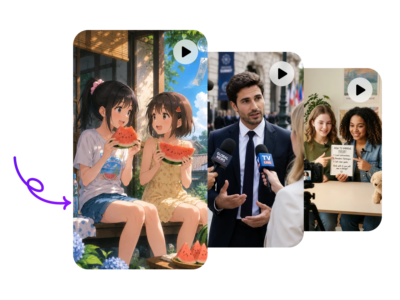 three vertical video thumbnails: anime girls eating watermelon, a man being interviewed, and two women holding a sign

