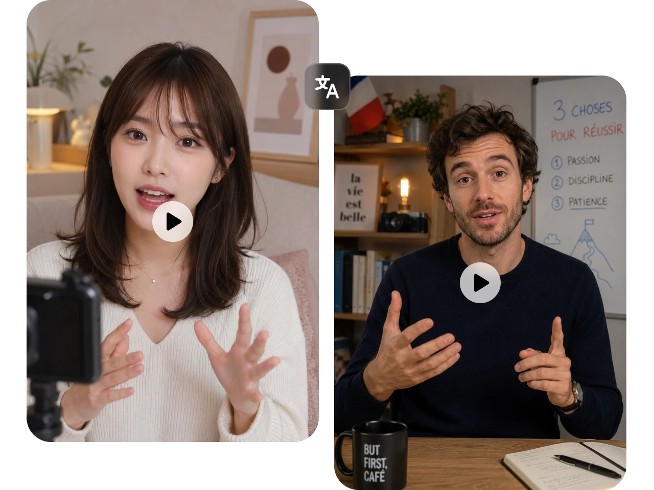two video thumbnails showing a woman and a man speaking
