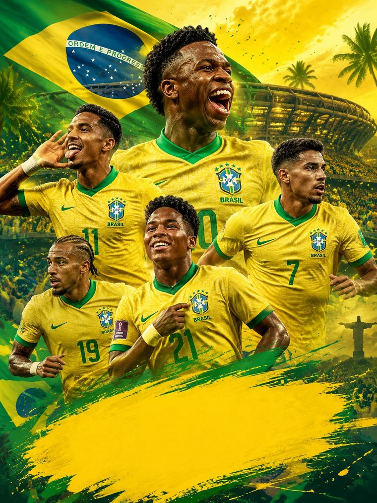 Brazil squad 2026, vibrant yellow and green, young players dynamic energy, Maracanã subtle background
