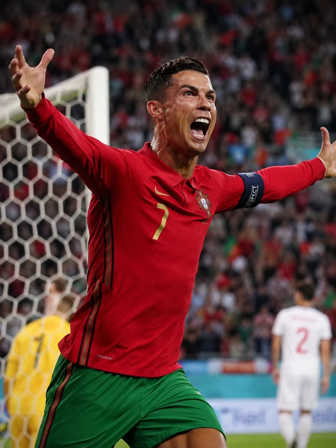 Goal celebration moment, arms raised joy