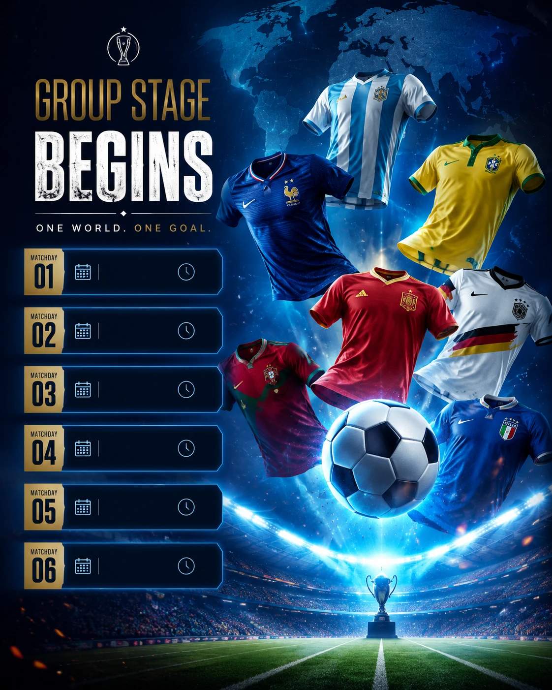 Group stage begins, multiple team jerseys floating
